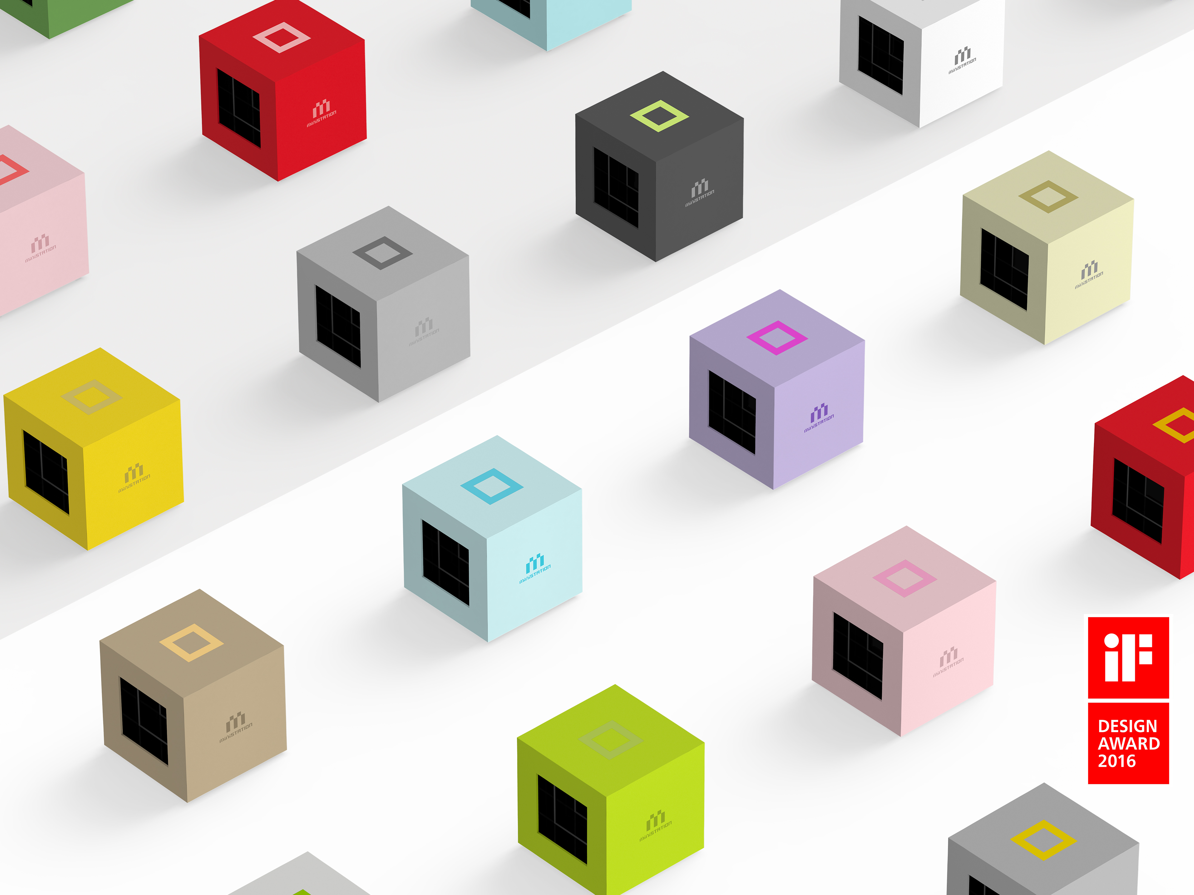 TricubeDesign微游戏机 工业设计案例 ministation 迷你游戏主机产品渲染:深圳市三角立方工业设计有限公司工业设计团队打造的 ministation 微游戏机设计方案,以高饱和红色立方体为核心,融合模块化拼接结构与极简交互设计,纯白背景搭配 iF 设计奖标识呈现产品权威认证与质感,凸显工业设计中潮玩属性与功能实用性的融合价值。