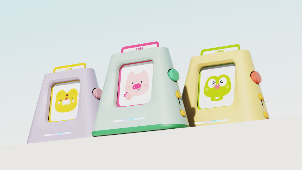 TricubeDesign儿童卡片学习机 工业设计案例 萌趣早教智能设备产品渲染：深圳市三角立方工业设计有限公司工业设计团队打造的儿童卡片学习机设计方案，以马卡龙色系萌趣造型为核心，融合圆角防摔结构与插卡交互功能设计，清新背景呈现产品亲和力，凸显工业设计中早教功能与儿童美学的融合价值。