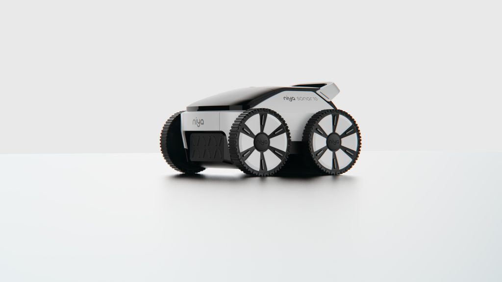 TricubeDesign泳池清洁机器人 工业设计案例 智能声呐导航泳池清洁设备产品渲染：深圳市三角立方工业设计有限公司工业设计团队打造的 sonar-10 泳池清洁机器人设计方案，以黑白撞色流线型机身为核心，融合声呐导航与全地形驱动轮结构设计，纯白极简场景呈现产品科技质感，凸显工业设计中智能清洁功能与户外美学的融合价值。