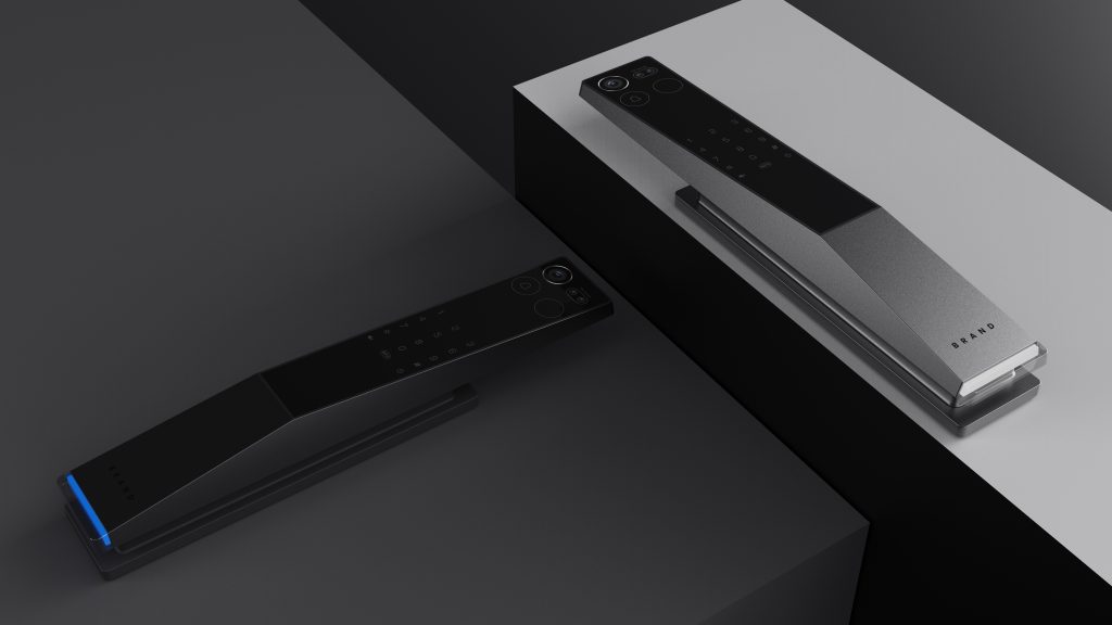 TricubeDesign智能门锁 工业设计案例 全自动可视智能门锁产品渲染：深圳市三角立方工业设计有限公司工业设计团队打造的智能门锁设计方案，以黑灰金属一体化机身为核心，融合可视猫眼与超薄直板结构设计，极简几何场景呈现产品质感，凸显工业设计中安防功能与家居美学的融合价值。