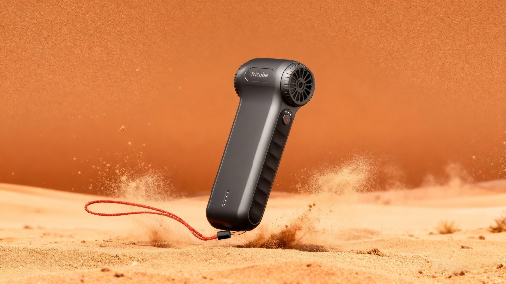 TricubeDesign手持暴力风扇 工业设计案例 便携涡轮风扇产品渲染：深圳市三角立方工业设计公司工业设计团队打造的手持暴力风扇设计方案，以哑光黑一体化机身为核心，融合涡轮风道与便携挂绳结构设计，沙漠风沙场景呈现产品性能，凸显工业设计中功能与美学的融合价值。