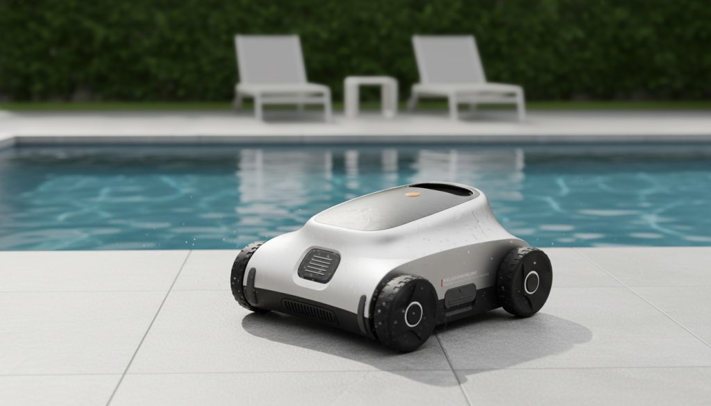 TricubeDesign泳池清洁机器人 工业设计案例 家用泳池全自动泳池清洁设备产品渲染：深圳市三角立方工业设计有限公司工业设计团队打造的泳池清洁机器人设计方案，以银黑一体化流线型机身为核心，融合防水结构与智能清洁功能设计，泳池庭院场景呈现产品实用性，凸显工业设计中功能与美学的融合价值。